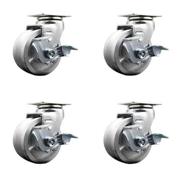 4'' V-Groove Semi Steel Swivel Caster Set with Bronze Bearings and Brakes, 4PK